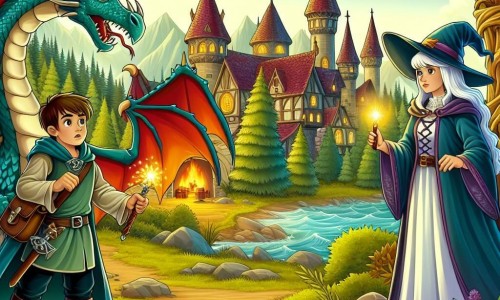 Une illustration destinée aux enfants représentant un jeune apprenti sorcier courageux affrontant un dragon féroce aux côtés d'une sorcière bienveillante, dans le paisible village d'Éclatétoile entouré d'une forêt mystérieuse et enchantée.