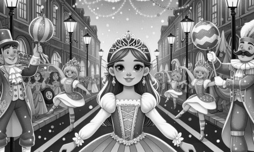 Une illustration destinée aux enfants représentant une petite fille déguisée en princesse, participant à une parade colorée avec des jongleurs et des acrobates, dans une rue principale décorée de guirlandes et de confettis scintillants lors du grand carnaval de la ville.