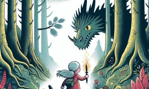 Une illustration destinée aux enfants représentant un troll solitaire, une petite fille courageuse et son lapin fidèle affrontant un dragon menaçant dans une forêt enchantée aux arbres majestueux et aux fleurs lumineuses.