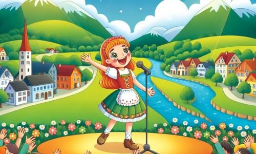 Une illustration destinée aux enfants représentant une jeune femme passionnée par la musique, se produisant sur une scène colorée devant un public enchanté, dans un village paisible entouré de collines verdoyantes et bordé par une rivière scintillante.