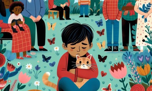 Une illustration destinée aux enfants représentant un petit garçon, entouré de sa famille et de ses amis, dans un jardin coloré rempli de fleurs et de papillons, où il fait face à la perte de son chat bien-aimé.