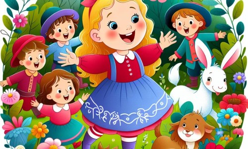 Une illustration destinée aux enfants représentant une joyeuse petite fille entourée de ses amis, se retrouvant dans une forêt enchantée remplie de fleurs colorées et d'animaux rigolos pour une incroyable chasse au trésor.