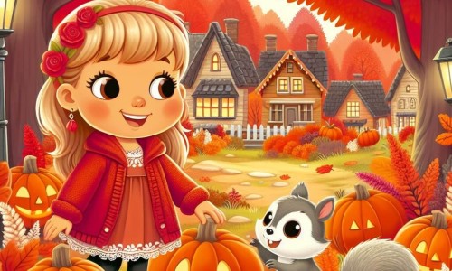 Une illustration destinée aux enfants représentant une fille curieuse explorant les merveilles de l'automne, accompagnée d'un écureuil espiègle, dans un village entouré d'arbres aux feuilles rouges et oranges éclatantes, empli de lanternes citrouilles pour la fête d'Halloween.