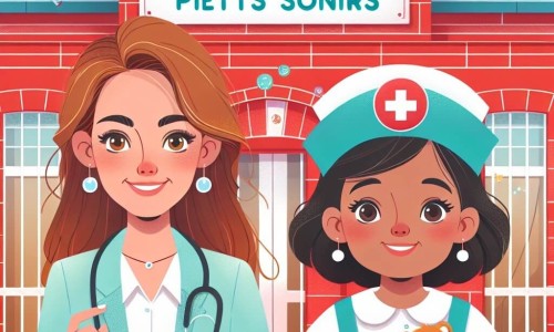 Une illustration destinée aux enfants représentant une jeune femme pédiatre dynamique et pleine de vie, accompagnée de sa collègue infirmière joyeuse, dans un charmant hôpital en briques rouges nommé 