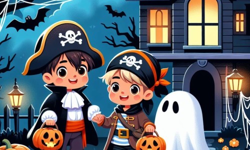 Une illustration destinée aux enfants représentant un garçon déguisé en pirate, explorant une maison hantée avec ses amis, accompagné d'un propriétaire de maison déguisé en fantôme, dans une demeure sombre et lugubre décorée de citrouilles lumineuses et de toiles d'araignées pour Halloween.