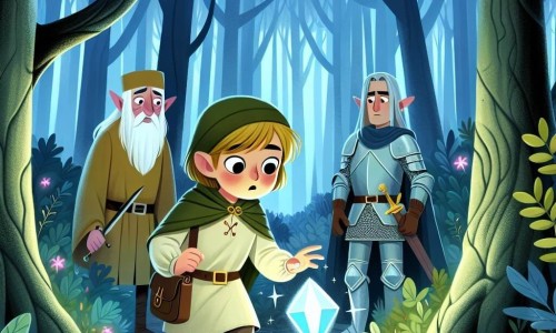 Une illustration destinée aux enfants représentant une jeune femme courageuse découvrant une mystérieuse pierre magique, accompagnée d'un sage elfe et d'un chevalier intrépide, dans une forêt dense et mystérieuse aux arbres centenaires et aux fleurs lumineuses.