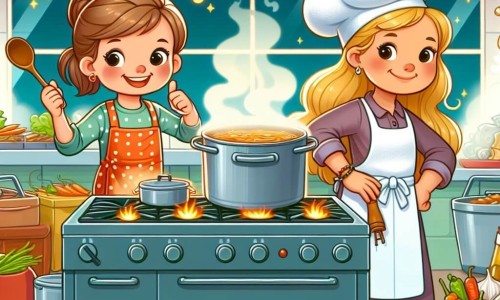 Une illustration destinée aux enfants représentant une jeune fille passionnée de cuisine, remportant un concours de cuisine avec l'aide précieuse de sa tante chef cuisinière, dans une cuisine colorée et animée d'un grand restaurant avec des casseroles bouillonnantes et des étagères remplies d'épices chatoyantes.