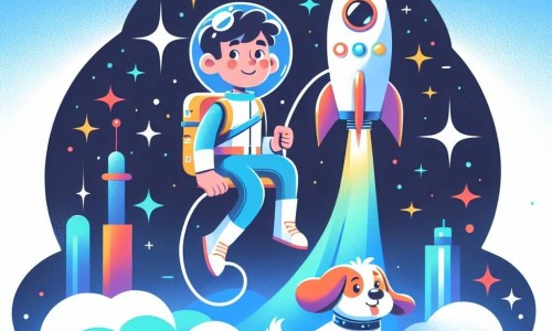 Une illustration destinée aux enfants représentant un jeune homme rêveur et passionné d'exploration spatiale, accompagné de son fidèle chien astronaute, décollant à bord d'une fusée colorée depuis une base spatiale futuriste entourée d'étoiles scintillantes.
