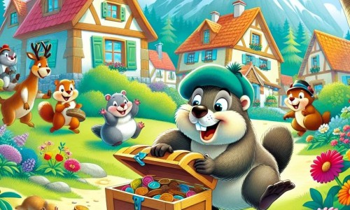 Une illustration destinée aux enfants représentant une marmotte espiègle jouant des tours à ses amis animaux lors d'une chasse au trésor pleine de surprises, dans la charmante ville de Bois-Chéri, entourée de verdure et de fleurs colorées.