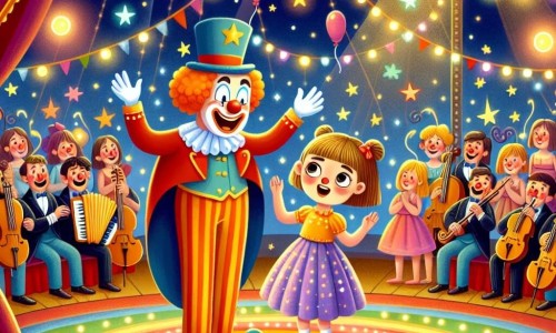 Une illustration destinée aux enfants représentant une fillette émerveillée par un clown rigolo dans un grand chapiteau de cirque, entourée de lumières colorées et de musiciens joyeux.