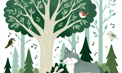 Une illustration destinée aux enfants représentant un loup bienveillant et doux, accompagné d'un petit lapin blanc, se promenant dans une forêt enchantée aux grands chênes verdoyants et au chant mélodieux des oiseaux.