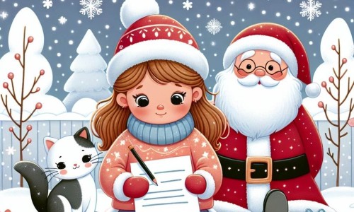 Une illustration destinée aux enfants représentant une fillette écrivant une lettre au Père Noël, accompagnée de son chat, dans un jardin enneigé orné de flocons de neige scintillants.