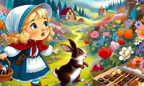 Une illustration destinée aux enfants représentant une jeune fille curieuse, accompagnée d'un lapin farceur, explorant une forêt enchantée parsemée de fleurs multicolores et de chocolats, à la recherche d'un mystérieux trésor de Pâques.