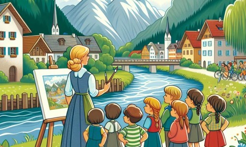 Une illustration destinée aux enfants représentant une artiste féminine, plongée dans une exposition d'art en plein air, accompagnée d'un groupe d'enfants curieux, dans un petit village pittoresque entouré de montagnes verdoyantes et bordé d'une rivière scintillante.