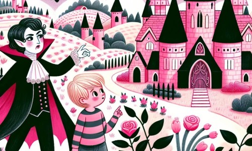 Une illustration destinée aux enfants représentant un vampire rose bonbon, accompagné d'un jeune garçon curieux, explorant une vallée enchantée remplie de maisons en forme de châteaux et de jardins fleuris aux roses noires.
