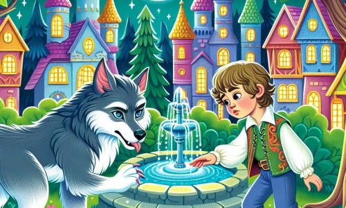 Une illustration destinée aux enfants représentant un jeune garçon loup-garou découvrant une fontaine magique dans une clairière enchantée, accompagné d'une louve-garoue sage et bienveillante, dans le village de Féerieville, un lieu féerique aux maisons colorées et aux arbres scintillants.