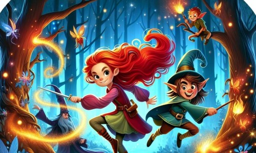 Une illustration destinée aux enfants représentant une fillette aux cheveux flamboyants faisant équipe avec un lutin espiègle pour combattre un sorcier maléfique dans une forêt enchantée aux arbres dansants et aux lucioles lumineuses.