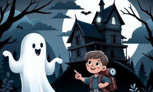 Une illustration destinée aux enfants représentant un fantôme farceur, accompagné d'un jeune explorateur curieux, dans une maison hantée abandonnée, perchée au sommet d'une colline, entourée d'arbres sombres et d'une brume mystérieuse.