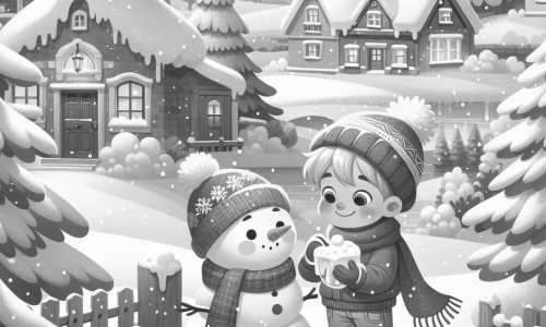 Une illustration destinée aux enfants représentant un petit garçon émerveillé par la neige, construisant un bonhomme de neige avec son amie devant un paysage hivernal féerique, avec des arbres recouverts de neige et des maisons aux toits blancs, dans un petit village enneigé.
