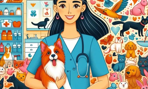 Une illustration destinée aux enfants représentant une vétérinaire passionnée des animaux, accompagnée de son fidèle chien, dans une clinique vétérinaire colorée et chaleureuse, entourée de nombreux animaux heureux et en bonne santé.