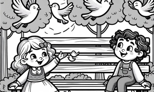 Une illustration destinée aux enfants représentant une fillette curieuse rencontrant une amie à la chevelure bouclée sur un banc au parc, où les oiseaux volent joyeusement.