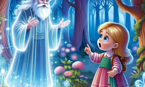 Une illustration destinée aux enfants représentant une fillette émerveillée par une découverte mystérieuse, accompagnée d'un hologramme bienveillant, dans une forêt enchantée aux arbres majestueux et aux fleurs lumineuses.