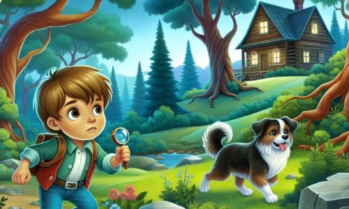 Une illustration destinée aux enfants représentant un jeune garçon curieux cherchant son jouet perdu, accompagné de son fidèle chien, explorant un parc verdoyant avec des arbres majestueux et une cabane mystérieuse au fond, où se cache le mystère.
