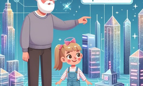 Une illustration destinée aux enfants représentant une jeune fille curieuse évoluant dans une ville futuriste, accompagnée d'un vieil homme sage, au cœur d'Éclatéria, une cité aux buildings scintillants et aux drones volant dans les airs.