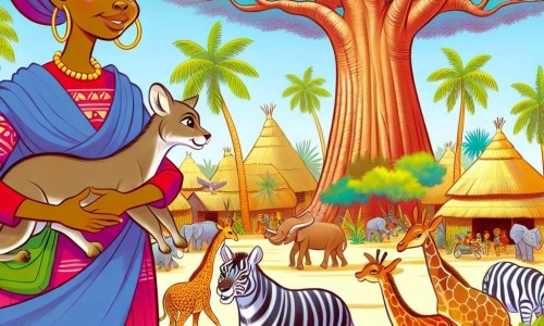 Une illustration destinée aux enfants représentant une femme courageuse et bienveillante, entourée d'animaux fascinants, dans un village africain vibrant de couleurs, au pied d'un majestueux baobab.