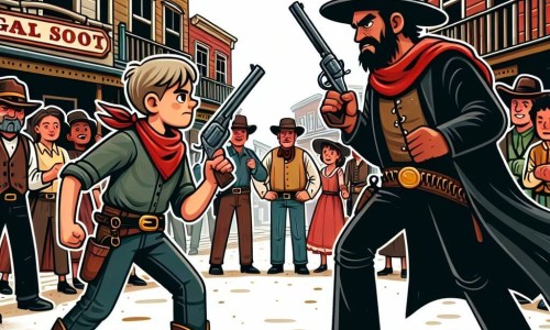 Une illustration destinée aux enfants représentant un jeune cow-boy courageux affrontant un redoutable bandit lors d'un duel épique, dans la rue principale d'une petite ville de l'Ouest sauvage, entouré de spectateurs admiratifs.