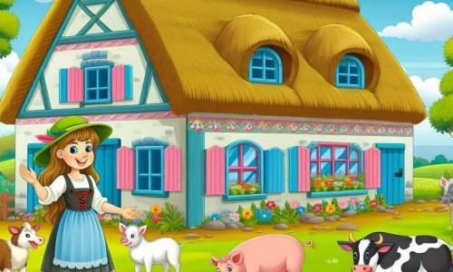 Une illustration destinée aux enfants représentant une jeune femme passionnée par l'agriculture, entourée d'animaux et de champs verdoyants, dans une ferme pittoresque au toit de chaume et aux volets colorés.