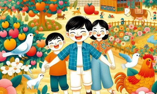 Une illustration destinée aux enfants représentant un petit garçon plein d'énergie en vacances d'été, accompagné de sa famille, explorant un jardin luxuriant rempli de fleurs colorées, d'arbres fruitiers et d'animaux joyeux à la campagne.