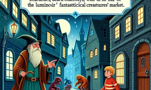 Une illustration destinée aux enfants représentant un jeune garçon curieux se lançant dans une aventure magique avec l'aide d'un vieux magicien barbu, dans la mystérieuse rue des Mystères aux maisons anciennes, ruelles sombres et marché aux créatures fantastiques de Luminoir.