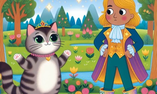 Une illustration destinée aux enfants représentant un charmant chat vêtu de bottes étincelantes, se tenant face à un prince égoïste dans un royaume enchanté où les arbres semblent danser et les fleurs brillent de mille couleurs.