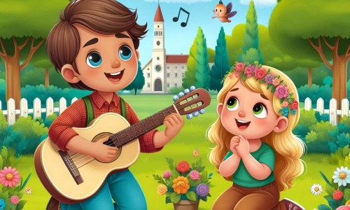 Une illustration destinée aux enfants représentant un jeune homme passionné de musique, accompagné d'un musicien bienveillant, dans un parc verdoyant où résonnent les douces mélodies de la guitare.