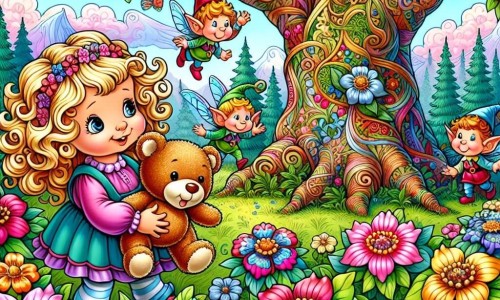 Une illustration destinée aux enfants représentant une petite fille aux boucles d'or, cherchant son doudou disparu avec l'aide de lutins malicieux, dans un jardin enchanté aux fleurs multicolores et au vieux chêne majestueux.