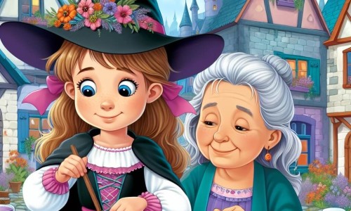 Une illustration destinée aux enfants représentant une apprentie sorcière en pleine préparation d'une potion magique, accompagnée de sa grand-mère souriante, dans un petit village ensorcelé aux maisons colorées et aux rues pavées bordées de fleurs enchantées.