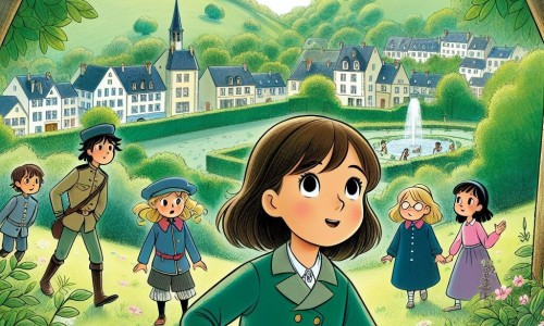 Une illustration destinée aux enfants représentant une fillette curieuse et déterminée, accompagnée de ses amis, enquêtant sur la disparition d'un collier en diamants, dans un parc verdoyant et fleuri de la petite ville de Clairval.