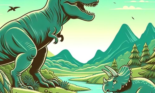 Une illustration destinée aux enfants représentant un imposant Tyrannosaure Rex se tenant majestueusement dans une luxuriante vallée préhistorique, accompagné d'un jeune tricératops en pleurs, évoquant une aventure captivante au cœur de la forêt des dinosaures.