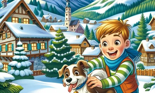 Une illustration destinée aux enfants représentant un jeune garçon plein d'énergie, vivant dans un village pittoresque entouré de montagnes, préparant avec enthousiasme la magie de Noël avec l'aide de son chien espiègle, Max.