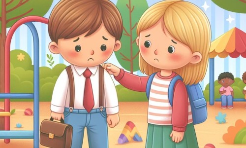 Une illustration destinée aux enfants représentant un jeune garçon timide et solitaire, faisant face au harcèlement à l'école, avec l'aide précieuse d'une petite fille aux cheveux blonds, dans une cour de récréation colorée et animée.