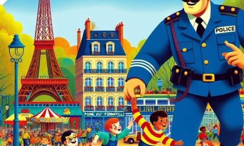 Une illustration destinée aux enfants représentant un policier grand et fort, aidant des enfants à attraper un voleur dans un parc coloré et animé de Pommeville.