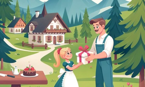 Une illustration destinée aux enfants représentant une fille préparant une surprise pour son papa, avec l'aide de sa maman, dans un petit village paisible entouré de montagnes verdoyantes et d'arbres majestueux.
