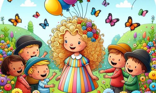 Une illustration destinée aux enfants représentant une petite fille aux boucles blondes, entourée de ses amis avec des ballons colorés et des chapeaux rigolos, dans un jardin rempli de fleurs multicolores et de papillons virevoltants.
