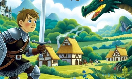 Une illustration destinée aux enfants représentant un chevalier intrépide, prêt à affronter un dragon redoutable, dans un village entouré de champs verdoyants et de forêts mystérieuses.