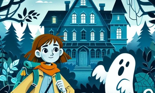 Une illustration destinée aux enfants représentant une jeune aventurière intrépide, se retrouvant seule dans un manoir hanté, accompagnée d'un fantôme bienveillant, au cœur d'une forêt dense et mystérieuse.