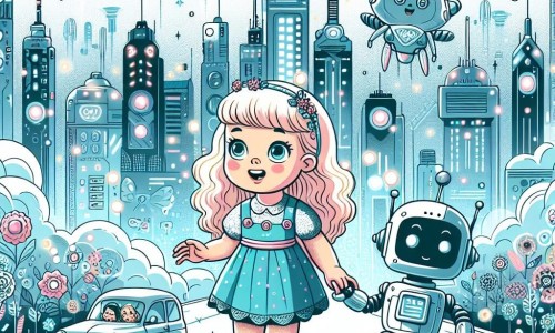 Une illustration destinée aux enfants représentant une petite fille émerveillée qui se retrouve accidentellement dans le futur, accompagnée d'un adorable robot, dans un paysage futuriste rempli de voitures volantes et de robots marchant dans les rues.