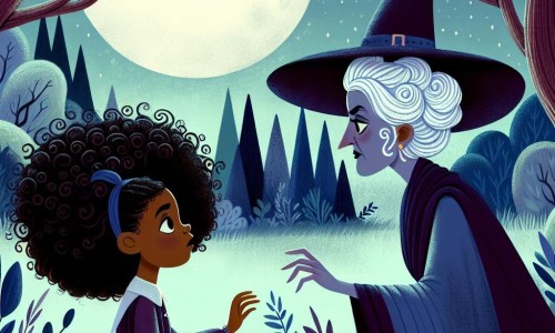 Une illustration destinée aux enfants représentant une jeune sorcière aux boucles d'ébène, confrontée à une sorcière maléfique, dans une forêt enchantée d'Avaloria où les arbres dansent au clair de lune.