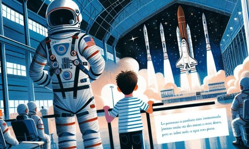 Une illustration destinée aux enfants représentant un jeune garçon passionné par les étoiles qui réalise son rêve d'astronaute lors d'une mission spatiale vers la Station Spatiale Internationale, accompagné d'un astronaute expérimenté, dans le Centre Spatial de Toulouse, avec des fusées majestueuses prêtes à s'envoler vers l'infini.