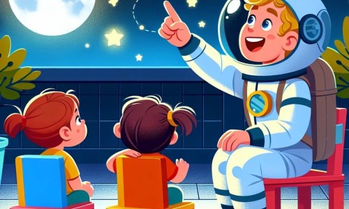 Une illustration destinée aux enfants représentant un astronaute passionné observant les étoiles avec deux enfants curieux, assis sur des chaises colorées, dans une cour éclairée par la douce lueur de la lune.